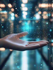 Poster - hand holding abstract hr hologram on blurry interior background. human resources and media concept. 
