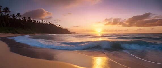 Wall Mural - A vibrant representation of a serene beach at dusk where horizons meet waves inviting peace amidst natures soothing embrace