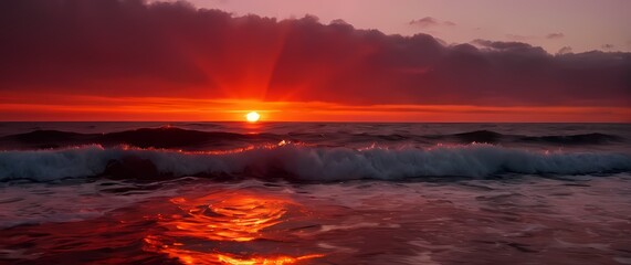 Wall Mural - A vibrant red sunset setting the horizon ablaze over tranquil ocean waves where the sea reflects a dazzling display of fiery colors