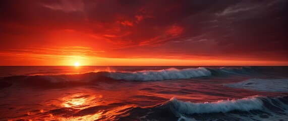 Wall Mural - A vibrant red sunset setting the horizon ablaze over tranquil ocean waves where the sea reflects a dazzling display of fiery colors