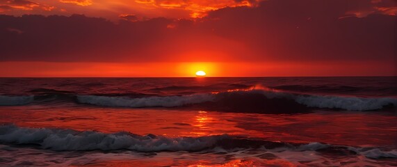 Wall Mural - A vibrant red sunset setting the horizon ablaze over tranquil ocean waves where the sea reflects a dazzling display of fiery colors
