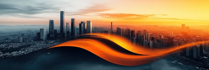 Poster - Graphic layouts for advertising leaflets showcasing urban skyline at sunset