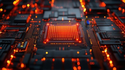 Poster - Glowing CPU chip on circuit board; technological background; data processing
