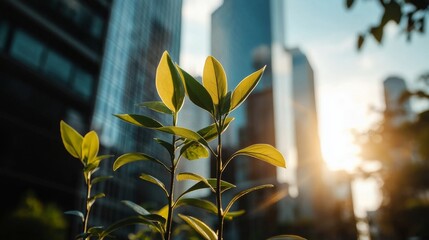 Wall Mural - A vibrant array of green leaves in the foreground, encapsulated by a city skyline bathed in bright sunlight, represents the fusion of urban and nature