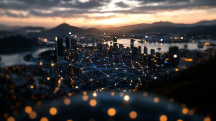 Poster - nighttime aerial view of a city illuminated by a web of glowing blue lines that link buildings