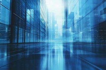 Poster - Urban landscape featuring futuristic glass buildings with a blue hue at dawn