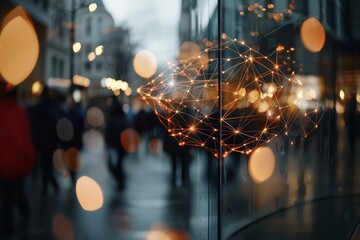Poster - The Internet of Things, IoT, integrated with smart city infrastructure and supported by big data technology. Neural networks interconnect atoms, merging seamlessly with urban landscapes where people