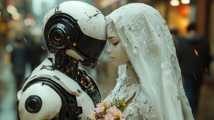 Poster - A Cybernetic Romance: A Bride and Her Robot Partner Share an Intimate Moment in a Futuristic Urban Landscape, Symbolizing the Future of Love and Connection.
