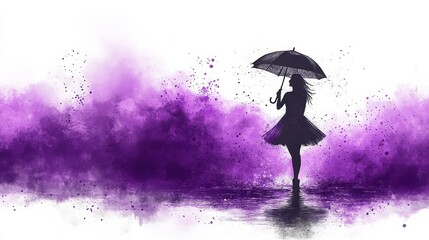 Poster - Silhouette of a Woman with Umbrella Amidst a Purple Haze: A Dreamy and Ethereal Digital Art Piece Depicting Solitude and Mystery on a Rainy Day.