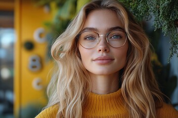 Wall Mural - Beautiful young woman with glasses posing in a cozy cafe atmosphere surrounded by greenery