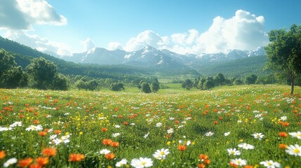 Wall Mural - Sunny meadow, mountain backdrop, wildflowers, spring