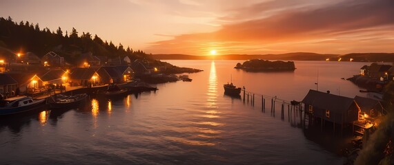 Wall Mural - A stunning sunset view over a quiet fishing village showcasing the days end with warm hues lighting up the sky and water