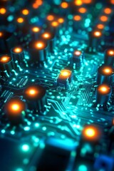 Poster - This image showcases a closeup, detailed view of a vibrant electronic circuit board that is adorned with glowing particles and illuminated components, creating a visually striking experience