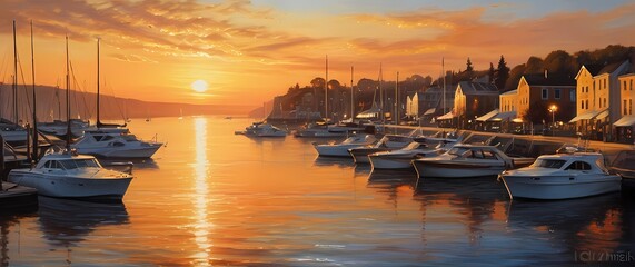 Wall Mural - A stunning oil painting of a tranquil sunset illuminating a bustling harbor where boats sway gently against the soft glow of the horizon