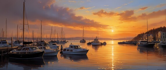 Wall Mural - A stunning oil painting of a tranquil sunset illuminating a bustling harbor where boats sway gently against the soft glow of the horizon