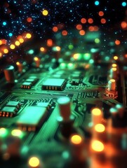 Poster - This is a closeup view of a beautifully vibrant electronic circuit board that showcases illuminated components and glowing particles throughout, representing the essence of advanced technology