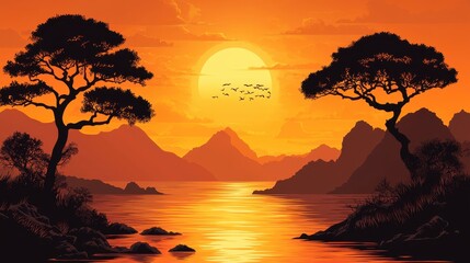 Wall Mural - Sunset over tranquil lake, mountains silhouette, birds flying, peaceful scene, nature background