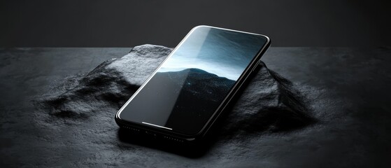 Poster - A sophisticated smartphone on an abstract rocky surface, blending futuristic design with space exploration elements. Perfect for tech enthusiasts and scifi lovers, showcasing modern innovation