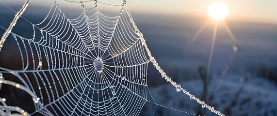 Wall Mural - a stunning closeup of glistening frost on a spiders web where delicate crystals create a mesmerizing
