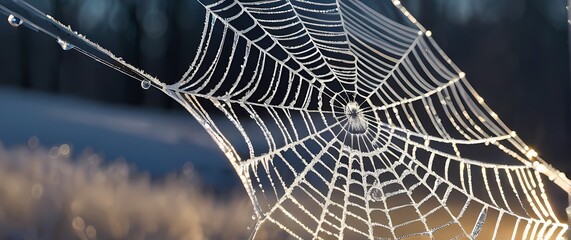 Wall Mural - a stunning closeup of glistening frost on a spiders web where delicate crystals create a mesmerizing
