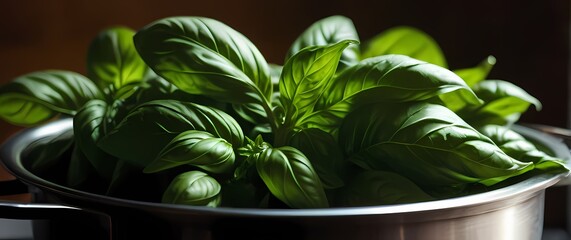 Wall Mural - A striking closeup of freshly picked basil ready for cooking showcasing vibrant greens that embody culinary creativity