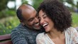 © ThisDesign - man whispering something funny in a woman's ear while she laughs, on a casual park bench generative ai