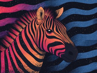 A stylized zebra with vibrant colors against a wavy background.