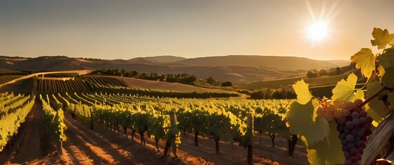 Wall Mural - A sprawling landscape view of a vineyard at harvest where grapes hanging from vines sparkle in the golden sunlight and promise wines of beauty