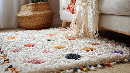 Poster - Soft and inviting, this shaggy rug adds a touch of whimsy to the living area, featuring vibrant polka dots and delightful tassels, perfect for modern home styling