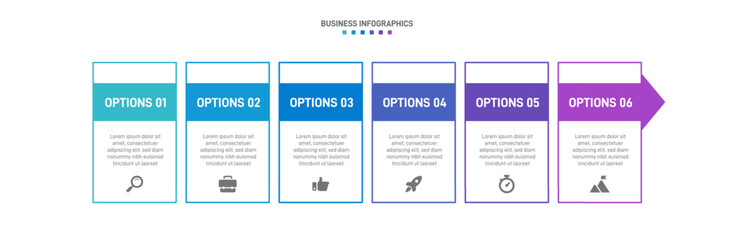 Wall Mural - Horizontal progress bar featuring 6 arrow-shaped elements, symbolizing the six stages of business strategy and progression. Clean timeline infographic design template. Vector for presentation