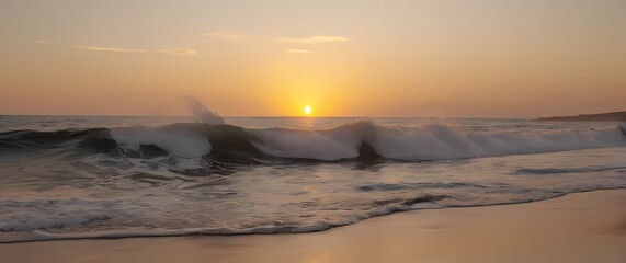 Wall Mural - A serene representation of white capped waves lapping against the shore during a golden sunrise invoking calmness and renewal