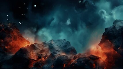 Wall Mural - dramatic cosmic clouds and fiery mountains under starry night sky. mystical space background. magica