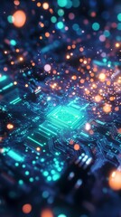 Poster - This exquisite piece of art showcases a vibrant electronic circuit board adorned with glowing particles, which highlight the stunning elegance and sophistication of modern technology and innovation