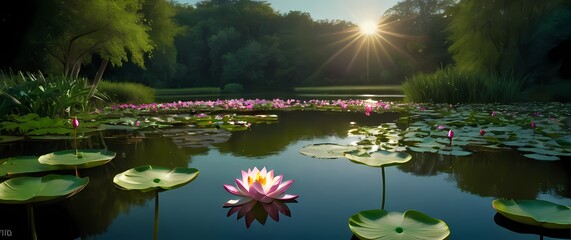 Wall Mural - A serene depiction of lotus flowers blossoming on a tranquil pond each petal radiating calmness and beauty amidst lush greenery