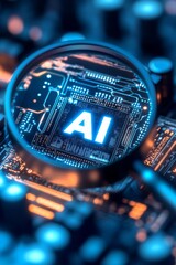 Poster - Explore the fusion of AI and microchip technology, highlighted by a magnifying glass that showcases AIs impact on a circuit board, symbolizing a future rich in potential and innovation