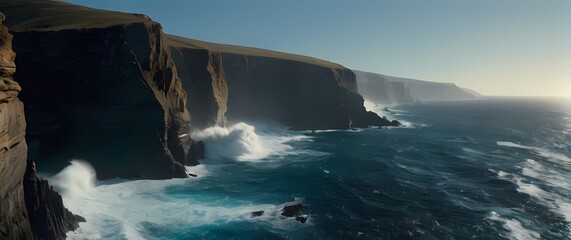 Wall Mural - A scenic view of rugged cliffs and crashing waves where untamed nature reigns against a backdrop of deep blue ocean stretching far away