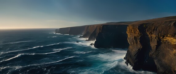 Wall Mural - A scenic view of rugged cliffs and crashing waves where untamed nature reigns against a backdrop of deep blue ocean stretching far away