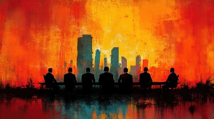 Silhouetted figures in a meeting against a vibrant city skyline backdrop.