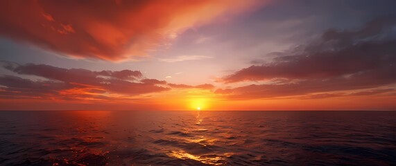Wall Mural - A radiant sunset illuminating the horizon over tranquil waters where the sky merges with the sea in a dazzling display of fiery colors