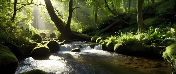 Wall Mural - A peaceful portrayal of a bubbling brook surrounded by lush greenery where sunlight dances on the surface creating tranquil melodies