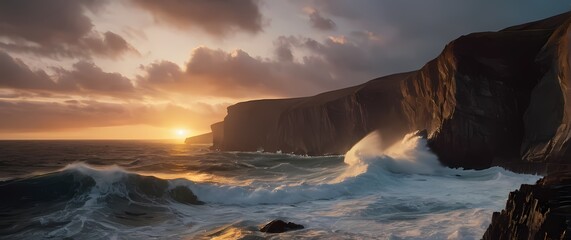 Wall Mural - A majestic depiction of rocky cliffs standing guard against crashing waves during sunset showcasing natures raw and breathtaking power