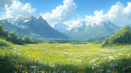 Wall Mural - Sunny alpine meadow, wildflowers, snow-capped mountains, background peaceful valley, nature scene