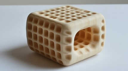 Poster - Wooden cube sculpture, textured surface, hole, white background, craft