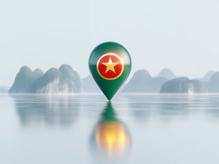 Poster - Location pin marker in tranquil water setting with travel destinations and mountains