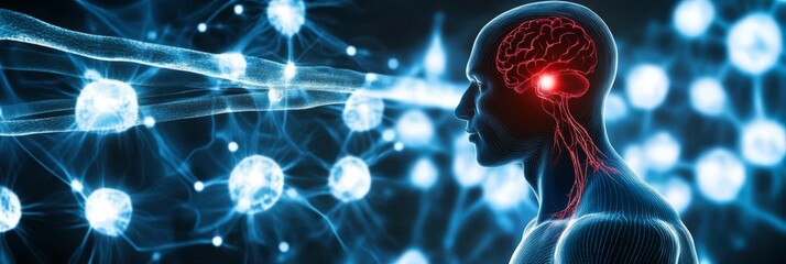 Poster - This digital representation illustrates the complex structure of the human nervous system, showcasing the brains intricate connections in a captivating futuristic cyberspace environment