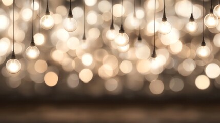 Wall Mural - warm lights hang over wooden floor, bokeh background, festive event