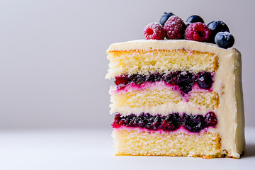 Canvas Print - A slice of layered sponge cake with berry filling and creamy frosting, adorned with fresh raspberries and blueberries.