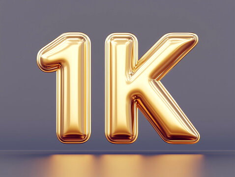 Number 1K in gold design shiny 3D effect with smooth surface showcasing metallic allure