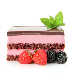 Canvas Print - A delightful slice of layered pink cake with chocolate topping and fresh berries, garnished with mint.