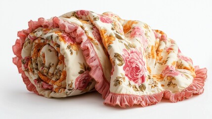 Soft floral print blanket in pink and yellow is curled elegantly, enhancing any room with its delicate ruffles and cheerful colors. Perfect for cozying up during peaceful evenings